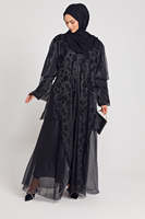 Robe longue modeste noire à fleurs personnalisée Leduo – Abaya à poignets smockés avec hijab pour femmes musulmanes