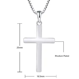 925 Sterling Silver Simple Design Glossy Christian Cross Pendant Necklace For Women Men