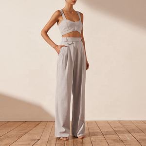 Nuovo abito <span class=keywords><strong>in</strong></span> cotone e <span class=keywords><strong>lino</strong></span> con scollo a V abito abito corto estivo a vita alta pantaloni larghi 2 pezzi Set abiti eleganti da ufficio - Product Image 2