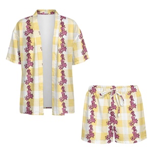 Conjunto de camisa informal para <span class=keywords><strong>mujer</strong></span>, pantalones cortos de cintura alta, traje holgado con estampado de flores a cuadros para verano, para playa - Product Image 5