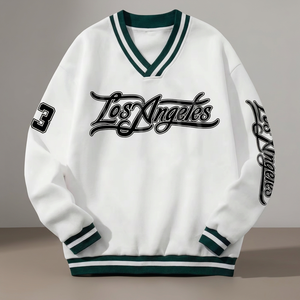 Men's V-<b>neck</b> Oversized Knitted Pullover Sweatshirt Breathable Anti-Wrinkle White Green Stripe Casual Sportswear Winter 300g - Product Image 2
