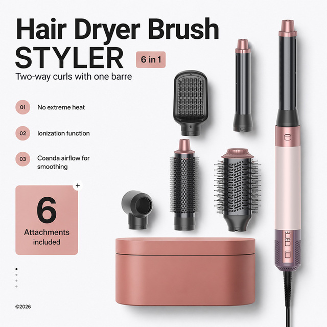 6 in 1 Multi-Styler Hair Dryer Brush Auto-Wrap Curler Ionic Coanda Airflow 3 Heat Salon Professional No Heat Damage Styling Set