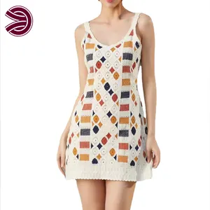 Summer Knit Cut-Out Hook Flower Dress Simple Sleeveless Computer Knitted Crochet Dress Women