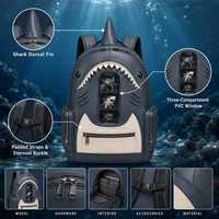 Sac à dos Ita personnalisé en forme de requin, en cuir PU bleu marine et crème, avec fenêtre en PVC, poche latérale, fabrication d'échantillons OEM ODM