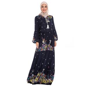 Moda de Oriente Medio <span class=keywords><strong>verano</strong></span> Abaya para adultos mujeres musulmanas ropa de talla grande <span class=keywords><strong>con</strong></span> cuello delgado mangas plisadas vestido estampado-6118 - Product Image 4