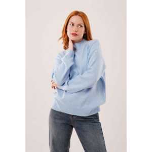 เสื้อสเวตเตอร์ถักสีน้ำเงินสไตล์มินิมอลสำหรับผู้หญิง แขนยาว ป้องกันขนร่วง คอริบ 16 กรัม แบบพื้นฐาน - Product Image 3