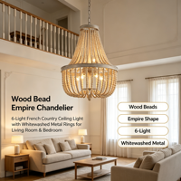 Lustre à 6 lumières en perles de bois vieilli, finition noire, certifié ETL, lumière blanche chaude, pour la décoration du salon