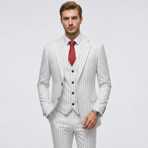 Costume formel 3 pièces à rayures fines blanches pour hommes, coupe ajustée, blazer, gilet, pantalon, pour mariage, marié, affaires, soirée, costume de gentleman - Product Image 3