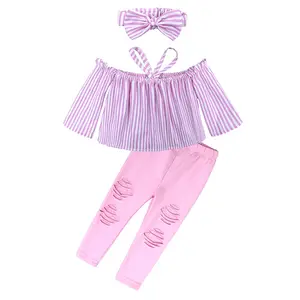 夏季儿童套装小女孩单肩粉色条纹衬衫和孔裤2 pcs套装儿童穿女童服装套装