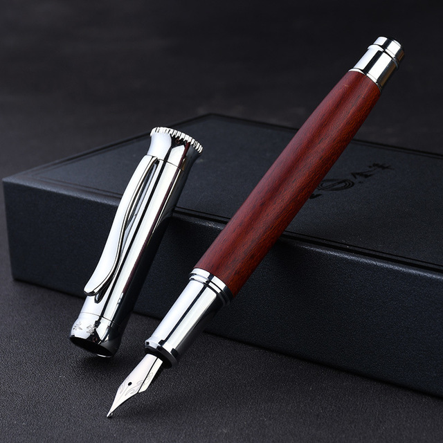 Multi Nibs Smooth Writing Calligraphy Pen Engraving Logo Original Ebony Rosewood Wooden Fountain Pen with Silver Trims