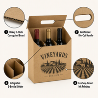 Boîte d'emballage en carton ondulé kraft personnalisée pour 3 bouteilles de vin, pliable, avec poignée découpée
