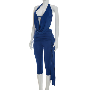 Viviblook C26ST231 Ensemble 2 pièces sexy d'été pour femme : débardeur sans manches à col licou et pantalon court de couleur unie - Product Image 4