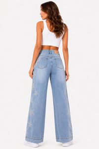 Jean en denim taille haute à jambe large avec broderie étoile, coupe ample, longueur intégrale, en coton délavé, style décontracté - Product Image 4