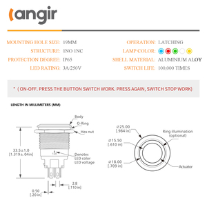 Langir 19mm mandallama 1NO1NC SPDT açık/kapalı siyah kabuk turuncu <span class=keywords><strong>12V</strong></span> güç anahtarı siyah Metal basmalı anahtar - Product Image 3
