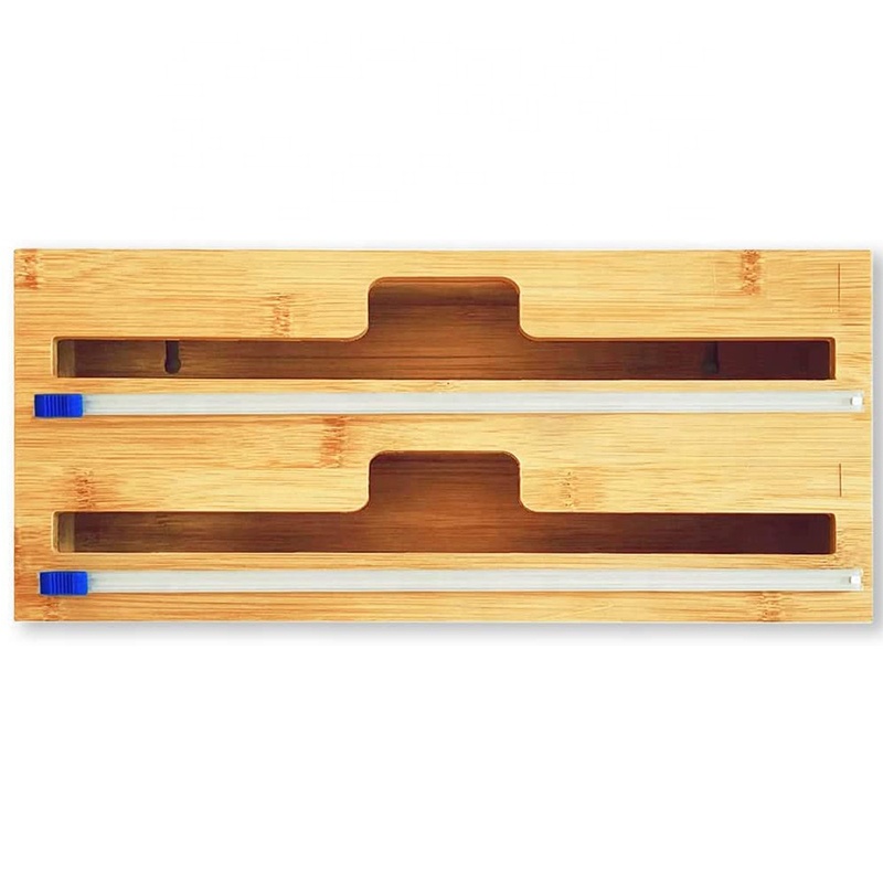 Bamboo 2 slots Plastic Wrap Dispenser with Slide Cutter and Labels Foil and Wax Paper Organizer Dispenser for Kitchen Drawer