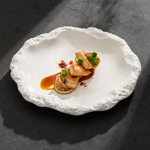 Plato de Cerámica Poco Profundo con Borde de Estilo Occidental, Diseño de Roca, para Servir Ensaladas y Frutas, para Hogar u Hotel, Bandeja Redonda Blanca - Product Image 3