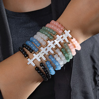 Bracelet extensible fait main en turquoise avec breloque croix, perles de pierre de cristal, pour femme, ensemble de bijoux, vente en gros