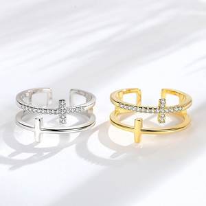 Perhiasan wanita modis cincin silang ganda zirkonia kubik perak murni 925 berlapis emas 18K - Product Image 5