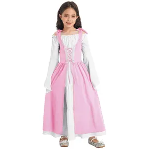 Girls Medieval Renaissance Style Dress up Costumes Square Neck Long Flare Sleeve Adjustable Lace-up Gown Dress Children