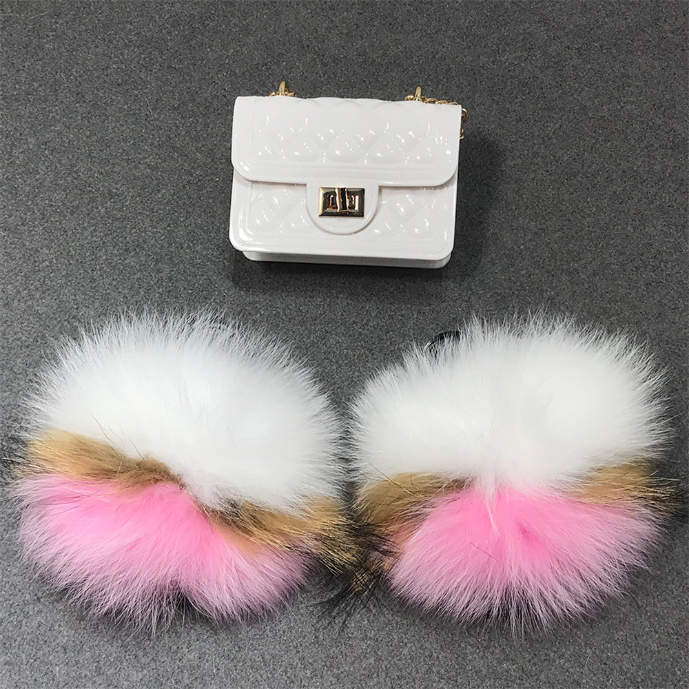 Baby Real Fox Fur Slippers Jelly Bag Sets Girls Cute Fluffy Kids Slides Soft Furry Children's Sandals And Matching Purse