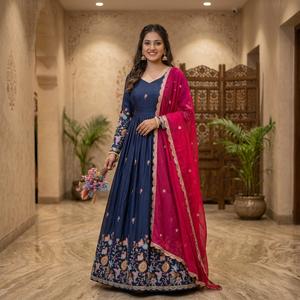 Women's Pure Silk Reversible Quick Dry Wrinkle Free Gown Fully Heavy Pipe Sequins Zari Thread Embroidered Work Party - Product Image 1