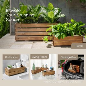 Boîte à fleurs en bois rectangulaire 17x6x5,5 pouces, couleur bois naturel, conteneur de rangement, pot de plante, utilisation en extérieur et en intérieur - Product Image 2