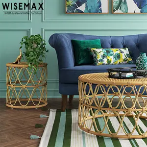 WISEMAX现代柳条圆形藤边桌咖啡桌花园庭院家具竹制外观藤制家具装饰家居
