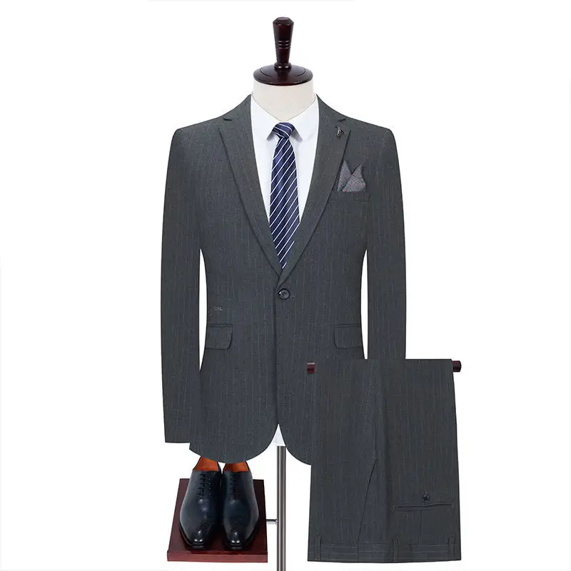 Top Grade Suit Men'S Two-Piece British Business Dress Professional Dress Korean Of Gray Striped Casual Suit Men