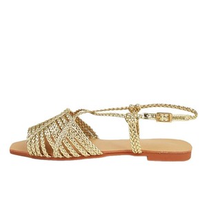 Gold Woven Strappy <b>Heeled</b> Sandals Women <b>Open</b> <b>Toe</b> Backless Slides With Braided Detail For Beach Party Summer Wear - Product Image 5