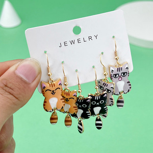 Cartoon <b>Cat</b> Drop Earrings Alloy Printed Design For <b>Gift</b> Fashion Jewelry ER617 - Product Image 2