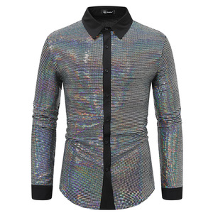 Ready to Ship Clubwear Dance Performance <strong>Shirts</strong> for <strong>Men</strong> Long Sleeve Shiny Glitter <strong>Sequin</strong> <strong>Shirt</strong> - Product Image 2