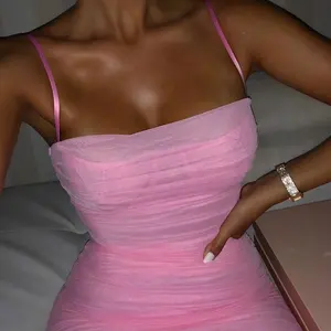 2019 night club ruffle mesh dress ladies spaghetti strap bandage dress