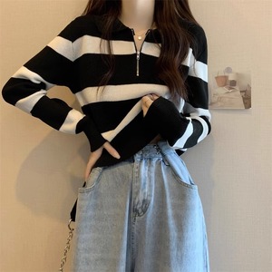 Suéter de Punto a Rayas para Mujer, Manga Larga, Cuello Polo, Cierre de Cremallera, Otoño Invierno, Talla Única, Gris, Albaricoque, Café, Negro - Product Image 4