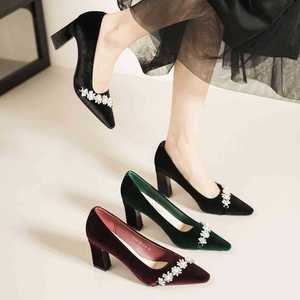 Pointed Toe Pumps Black Velvet <b>Block</b> Heel Medium Height Flower Embellished Formal Shoes 7188-15 - Product Image 2