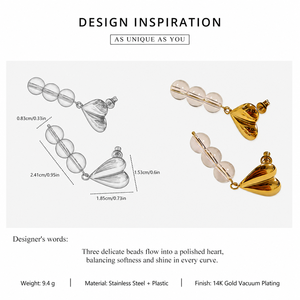 Boucles d'oreilles pendantes sculptées avec perles transparentes en acier inoxydable plaqué or 14 carats sous vide - Product Image 3