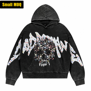 Hot Sale Trending Y2K Skull Rhinestone DTG Print Acid Wash Heavyweight Oversized Hoodie <b>Men</b> Vintage Streetwear Gothic Pullover - Product Image 1