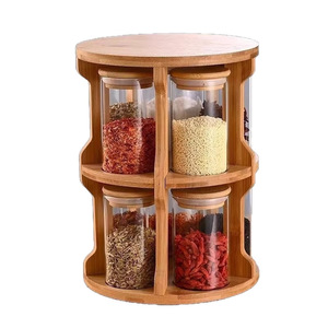 Bamboo <b>Spice</b> <b>Rack</b> With Glass Jars <b>Rotating</b> Shelf For Kitchen Storage M Size - Product Image 5