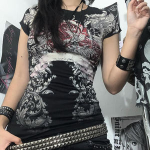 Camiseta de Manga Corta con Estampado Oscuro Estilo Y2K para Mujer, Cuello Redondo, Corte Regular, Informal, Deportiva, Punk, de Secado Rápido y Transpirable, Oferta de Verano - Product Image 4