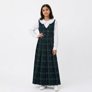 Conjunto de Uniforme Escolar Formal de Primavera para Niñas, Color Verde Marino Sólido, Vestido con Mangas Largas, Camisa Blanca con Cuello Peter Pan - Product Image 1