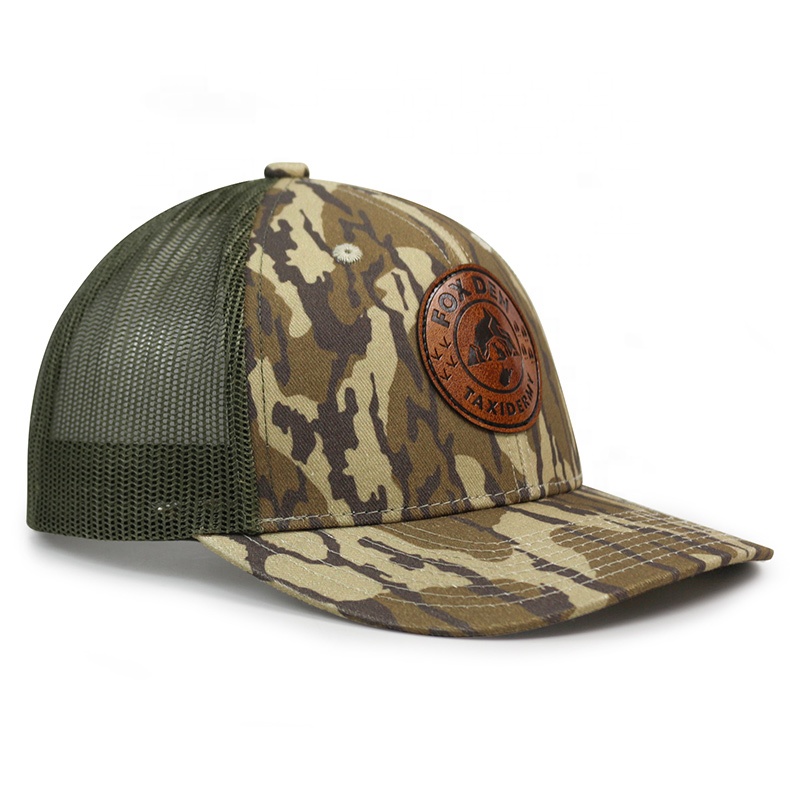Custom Logo 6 Panel Leather Patch Logo Sport Gorras Mens Old School Camo Trucker Cap Hat