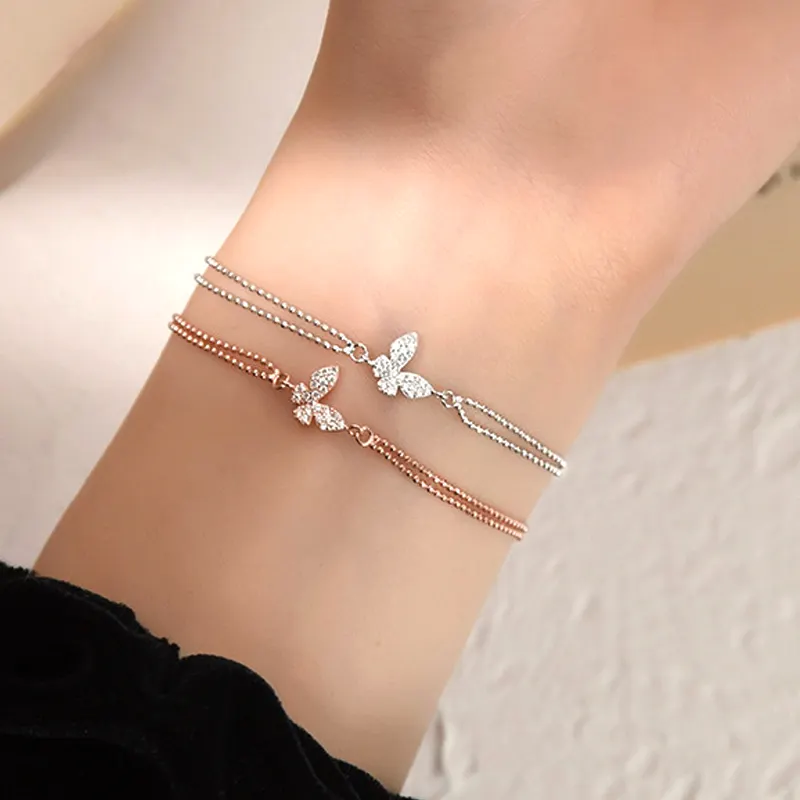 Accessori in argento gioielli per regali da donna bracciale con perline in argento Sterling con diamanti ipoallergenici in oro rosa con ciondolo a farfalla
