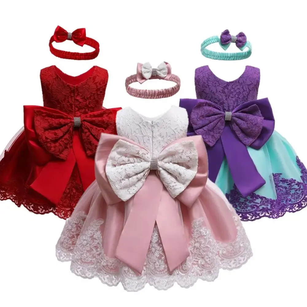 Vestido de festa de renda para bebês, vestido de baile de casamento de princesa com laço grande, desenho bordado de aniversário infantil, vestido infantil para meninas, 1a