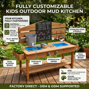 Cuisine de jardin en bois écologique pour enfants avec double évier, robinet, centre d'activités extérieur et <span class=keywords><strong>tableau</strong></span> noir avec jardinières - Product Image 2