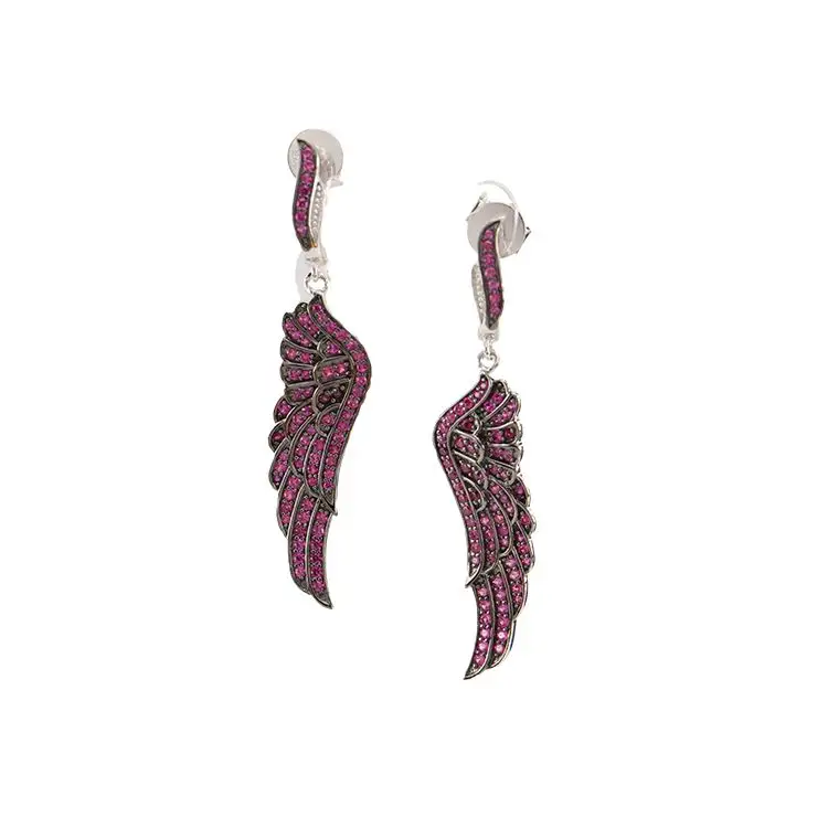 Small Order Quantity Unique Silver Earrings Pink Crystal Silver Jewelry 925 Silver Wing Earrings
