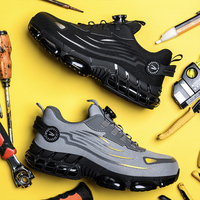 Sepatu kerja industri anti guncangan, anti benturan, dan anti tusuk dengan desain low cut, ringan, dan berbahan rajutan fly knit.