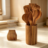 Ensemble d'ustensiles de cuisine écologiques en bois naturel, 6 pièces, avec spatules, cuillères et support à ustensiles, emballé dans une boîte