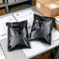 MOQ 100 pièces Sacs d'expédition noirs mats en polyéthylène biodégradable avec fermeture éclair, sacs postaux express pour vêtements, commande personnalisée disponible