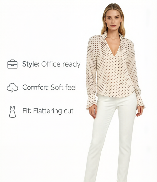 Women's 2026 Spring Casual Simple Polka Dot Print Chiffon V-NECK Loose Blouse Long Sleeve Pleated Retro Woven Weave Ruched 100%