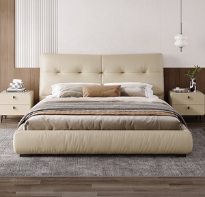 Casa moderna minimalista stile cremoso King-Size camera da letto allestita-fondina mezza pelle letto in legno massello per Villa letto Hotel - Product Image 1