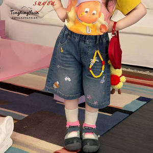 TongXingYuan Girls Denim Shorts High Waist Breathable Summer Casual Pants For Baby Girls With Cartoon Patches And Beads - Product Image 1